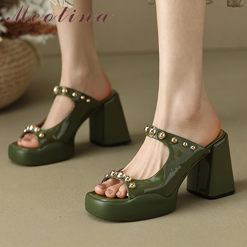 

Meotina Women Genuine Leather Shoes Round Toe Platform Thick High Heel Slides Rivet Ladies Fashion Slippers Summer Spring Green