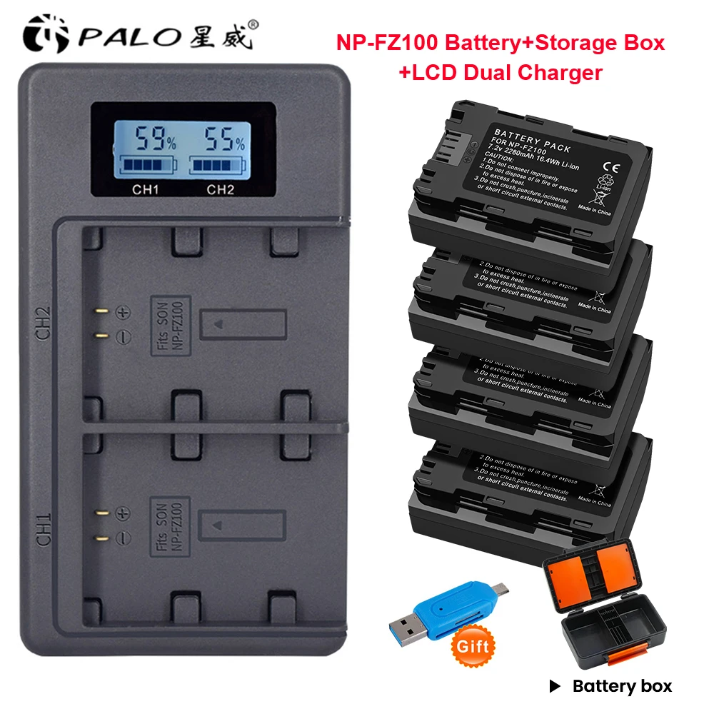 

NP-FZ100 NP FZ100 NPFZ100 Battery + LCD Dual USB Charger+Storage Box for Sony Alpha A7III A7R III A9 Alpha 9 A7R3 A6600 Camera