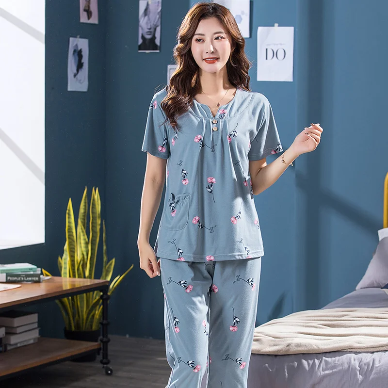 Big Yards XXXXL summer sleepwear women pajamas sets v-neck floral short sleeve pajama suit cotton women homewear suit soft women pajamas set women pajama suit cotton pajamas set