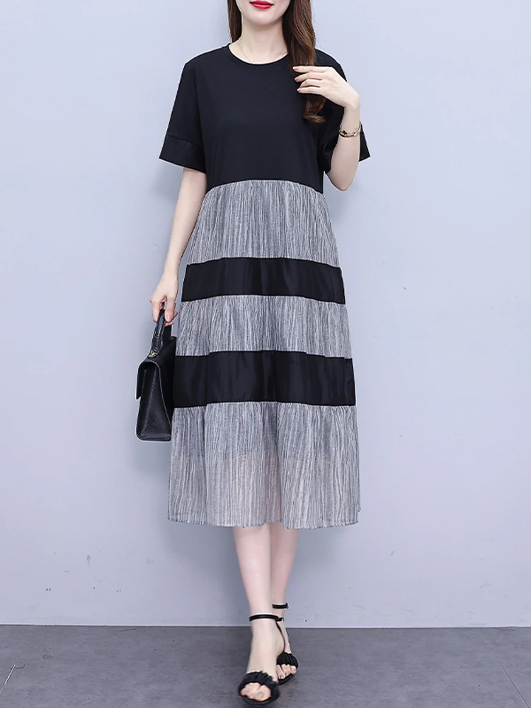 

NYFS 2023 Summer New European Woman Dress Vestidos Robe Ete Femme Elbise Loose Short Sleeve Tencel Stitching Long Dresses
