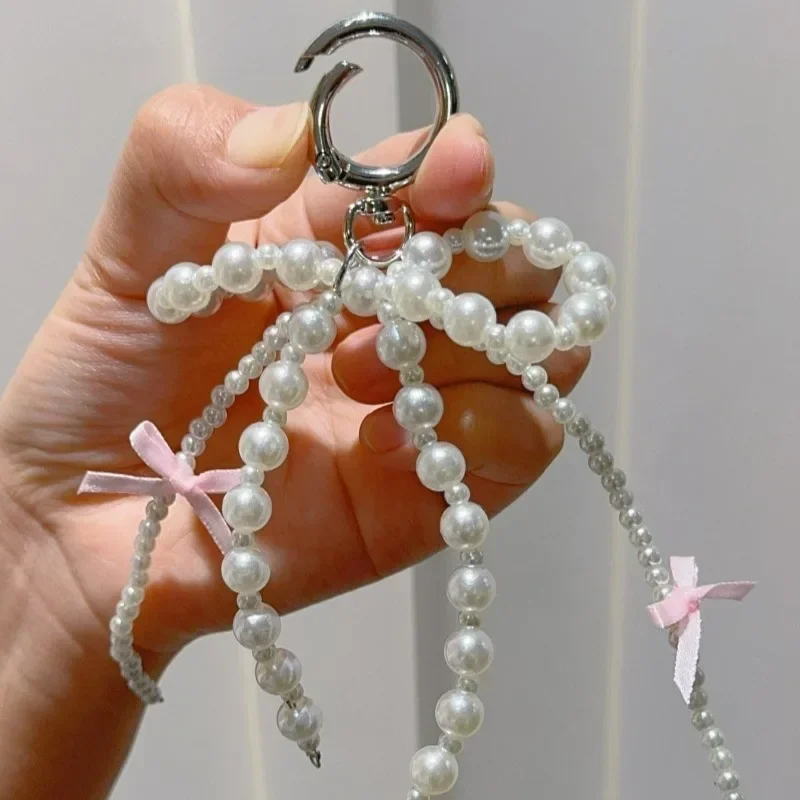 New Bowknot Sliver Heart Pendant Keychain Women Girl Pearl Bow Backpack Key Ring Handmade Buckle Pink Cute Sweet Key Accessories