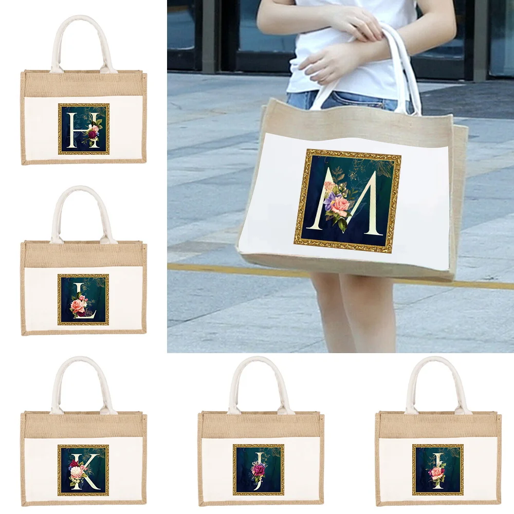 Fashion Linen Shoulder Bag Jute Imitation Linen Bags Flower Letter Series Printing Pattern Environmentally Friendly Shopping Bag 2022 fashion women bags fashion brand round bag commuter flamingo pattern print ladies street canvas black shopping shoulder bag