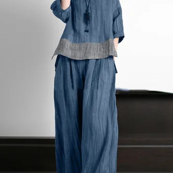 ZANZEA 여성용 빈티지 매칭 세트, O넥 블라우스, 와이드 레그 팬츠, 세련된 패치워크 세트, 캐주얼 OL 의상, 3/4 소매, 여름, 2 개