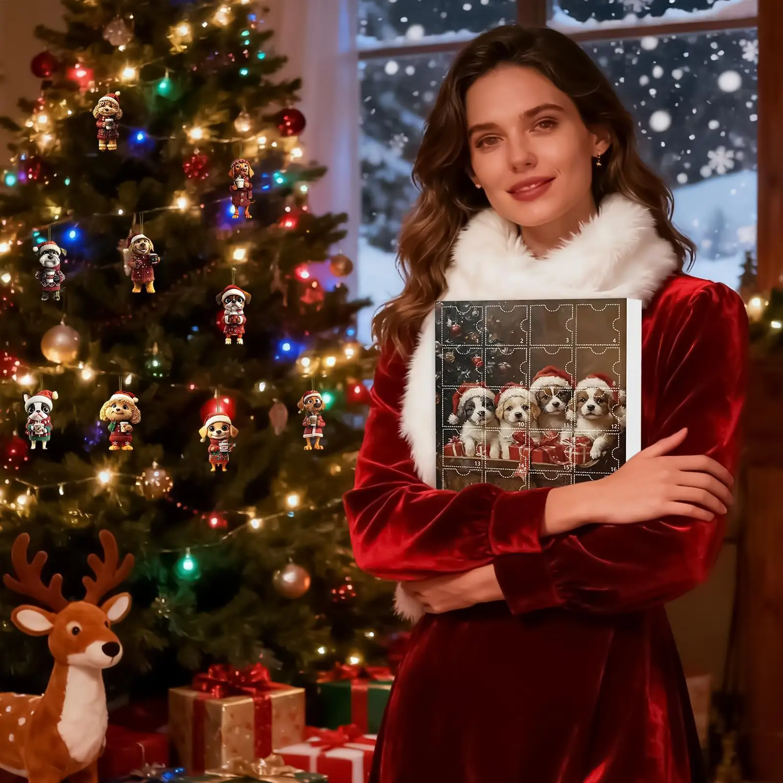 Christmas Advent Calendar 2D Acrylic Puppy Charm Decor 24 Days Cartoon Dog Ornament Countdown Calendar for Xmas Tree Decor