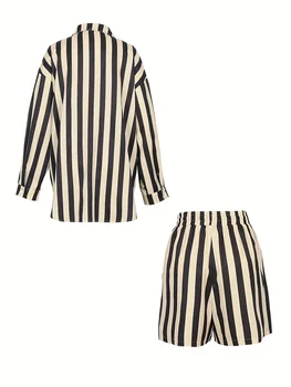 حجم كبير المرأة 2025 الربيع والصيف المرأة الجديدة مخطط قطعتين قميص كم طويل زر أسفل مجموعة تي شيرتات قصيرة للأطفال - Image 3