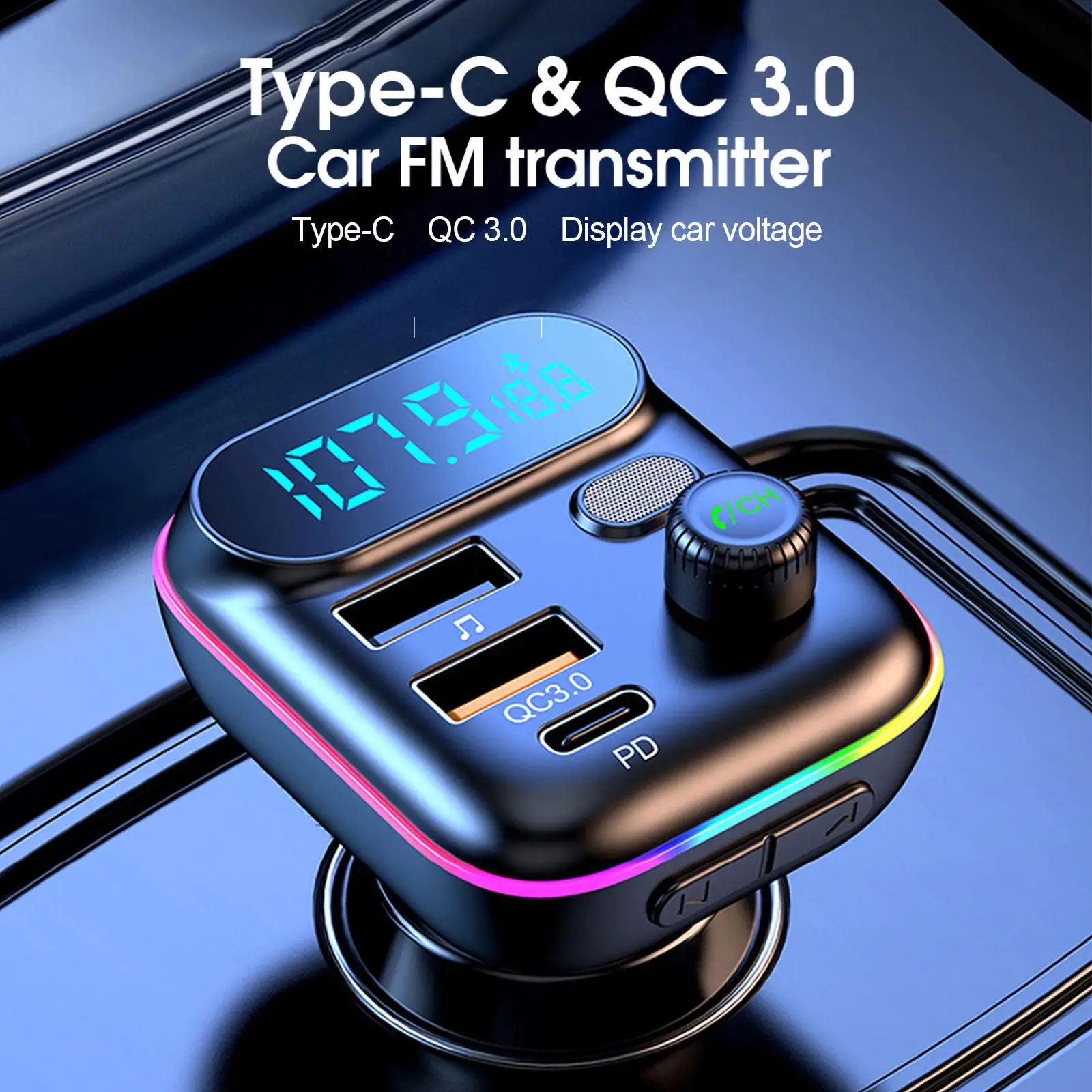 Adaptador Bluetooth 5.0 FM Transmisor Carro - Carga Rapida PD 18W QC3.0