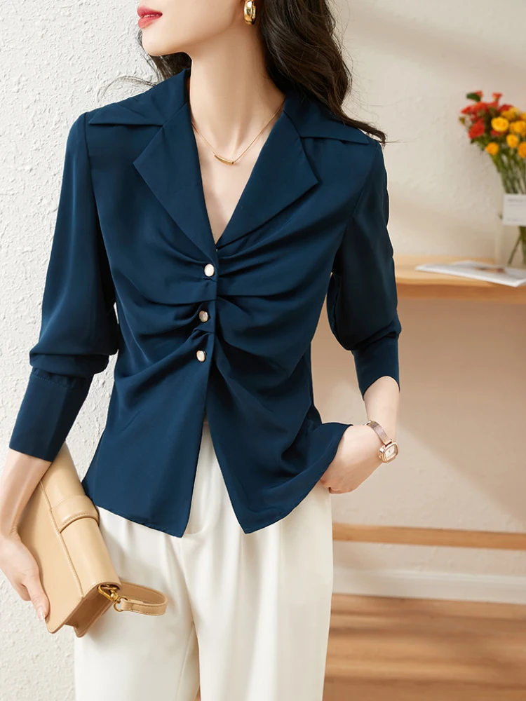 

2023 New Women's Shirts Chic Folds Blouse for Women Long Sleeve Office OL Shirt Elegant Ladies Tops Basic Women Clothing