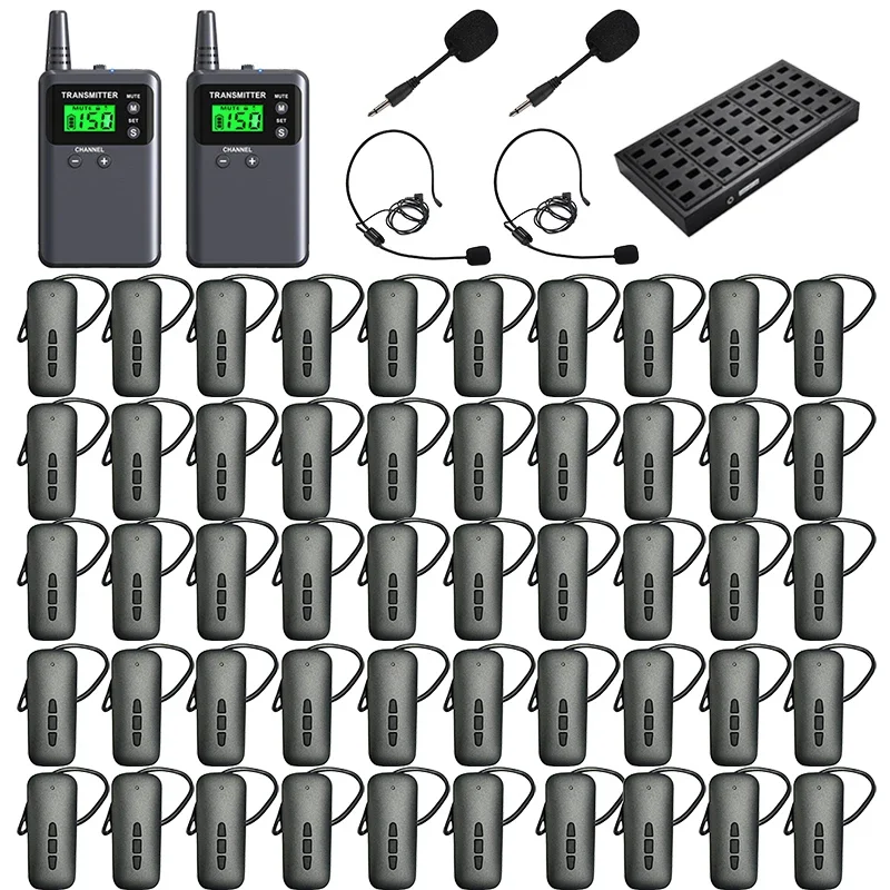 

Wireless Whisper Tour Guide System Simultaneous Interpretation 2 Transmitters with 4 Microphones, 50 Receivers, 1 Charger
