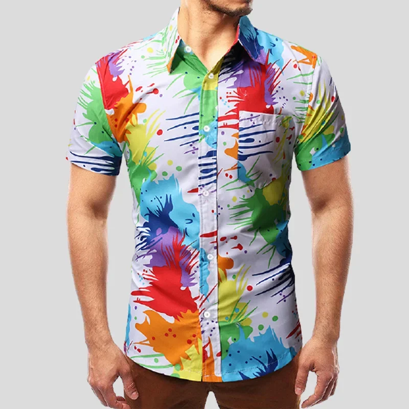 

Summer Mens Shirts Loose Casual Beach Print Loose Multicolored Splash Ink Short Sleeve Shirt Men