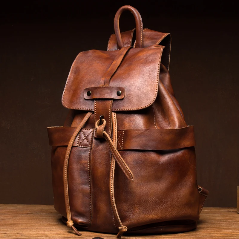 Casual leather backpack retro tide bucket bag men's leather backpack large capacity travel bag 15 inch computer bag neutral