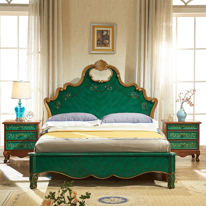 

American-style solid wood bed princess single emerald hand-painted European-style double bed 1.8 m 1.5 m bed Mediterranean doubl