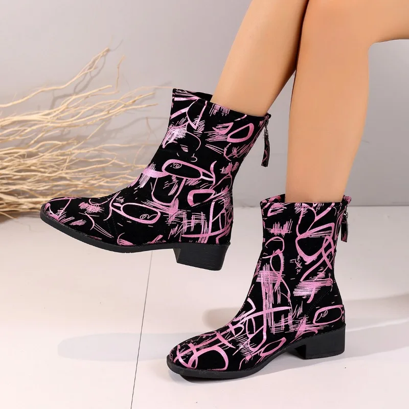 Winter Cowboy Boots Leather Pointed Toe Zipper Retro Print Design Thick Heel Rider Boots Casual Mid Calf Printed Women's Boots