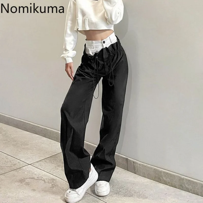 

Брюки Nomikuma женские с завышенной талией, винтажные уличные тренировочные штаны контрастных цветов с кулиской в стиле Харадзюку, весна-осень