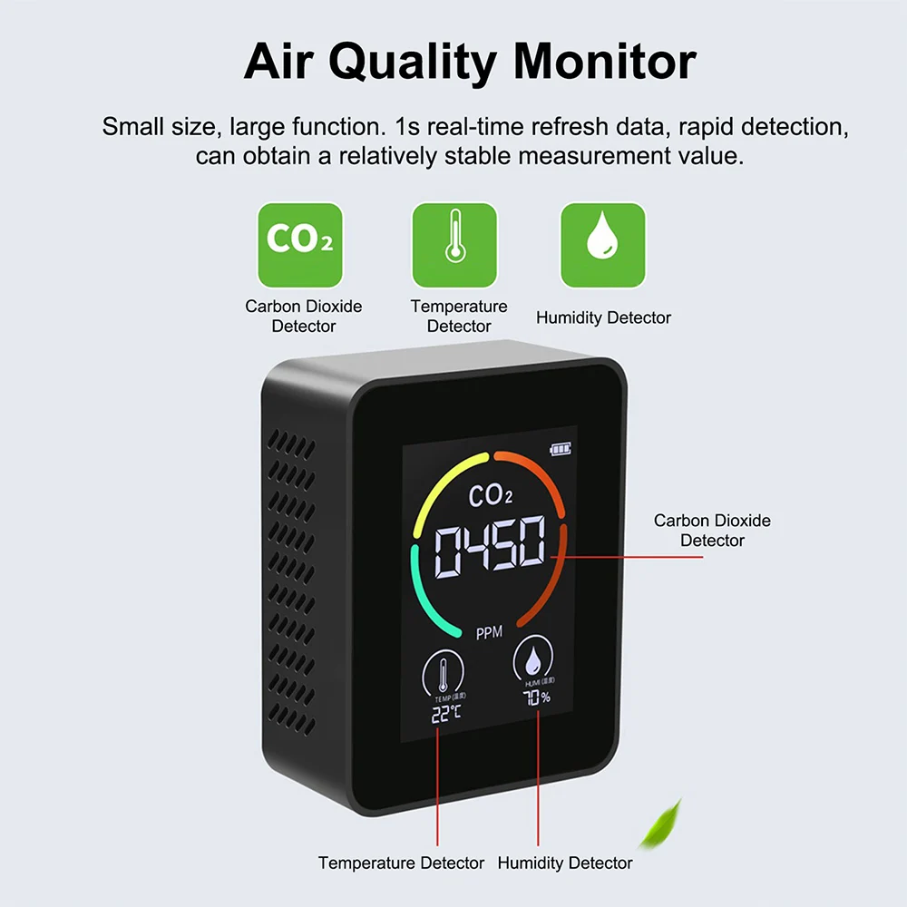 Uniqal Moniteur d'air CO2 Détecteur de dioxyde de carbone Qualité de l'air Moniteur d'humidité Mesure rapide pour CO2 Noir 