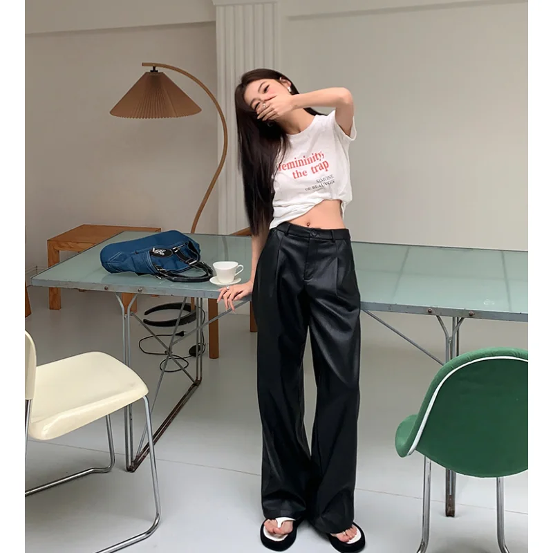 

Women's Bottoms Black Leather Pants Fashion High Waist Straight Pants Casual Baggy American 2023 Summer Female Wide Leg Trouser