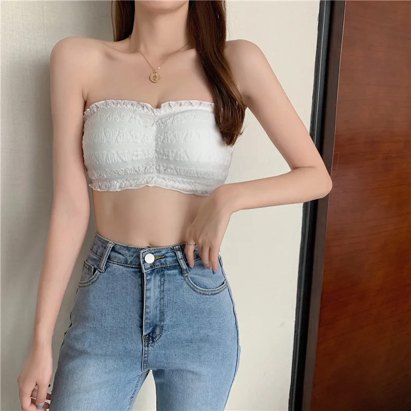 2021 Female Summer Crop Tank Top Women Fashion Deep V Lace Bras Embroidery Floral Tank Top Bra Wrapped Chest Camisole Padded Bra