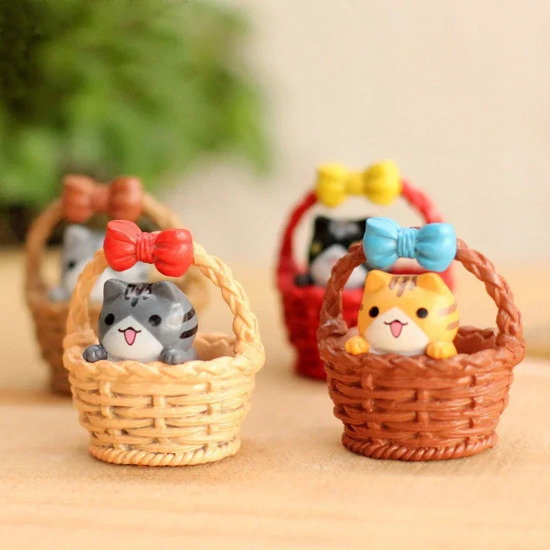 4 pcs Creative Cartoon Cat Kids  Toy Bamboo Basket Japan Cat Figurine  Japonaise Pvc Miniature Figurines Home Decoration