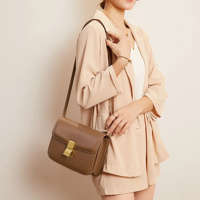 Composite cowhide Women bag bean curd box handbag retro new fashion square purse crossbody shoulder bag 01-GN-ssxfdf
