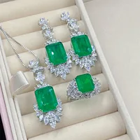 2023 New Fashion Full of CZ Sterling 925 Silver Jewelry Sets Emerald Pendant Necklace Ring Earring Women Wedding Party Jewelry