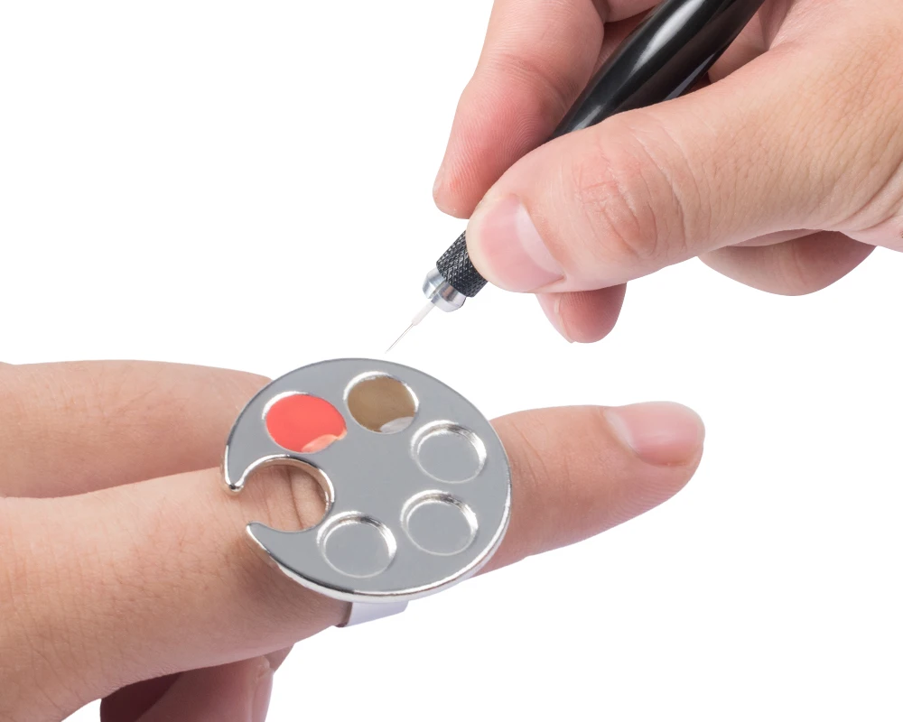 Description Picture 4 of item1Pc Metal Mini Nail Art Color Palette Cute Round/Footprint Design Finger Ring Mixing UV Gel Painting Tray Manicure Tools