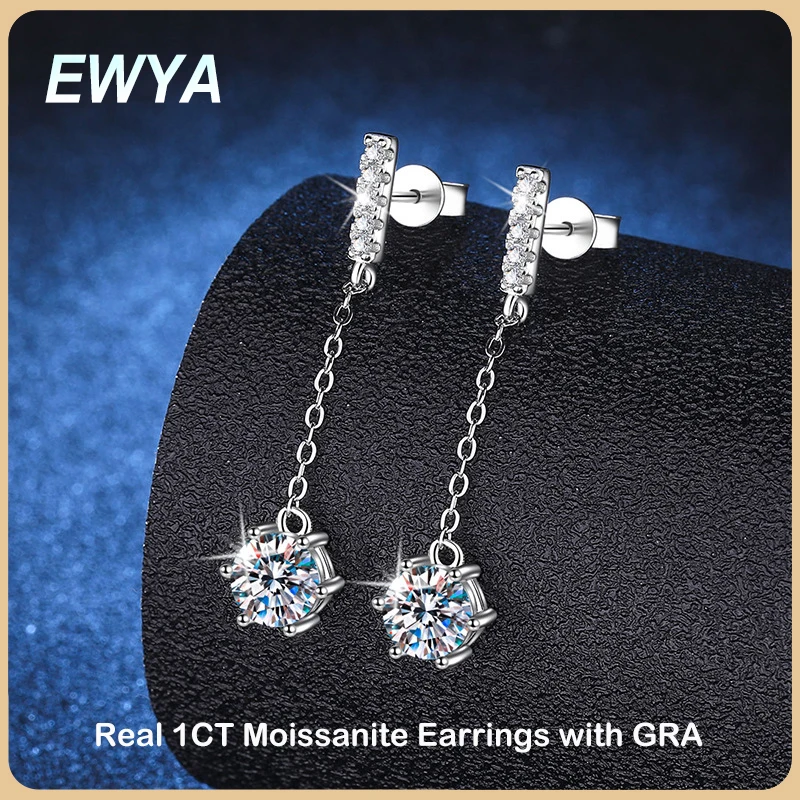 EWYA 여성용 럭셔리 100% 리얼 D 컬러 1CT 모이사나이트 드롭 귀걸이, S 다이아몬드 롱 태슬 댕글 귀걸이 선물