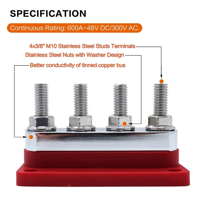 마린 버스 바 터미널 블록, 마린 DC 12V, 24V, 48V, 커버 포함, 레드, 2X 600A, 4 스터드 (3/8 인치), M10