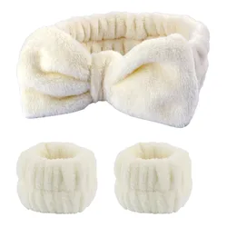 Luxurious Coral Fleece Headband & Absorbent Wristband Set (White)