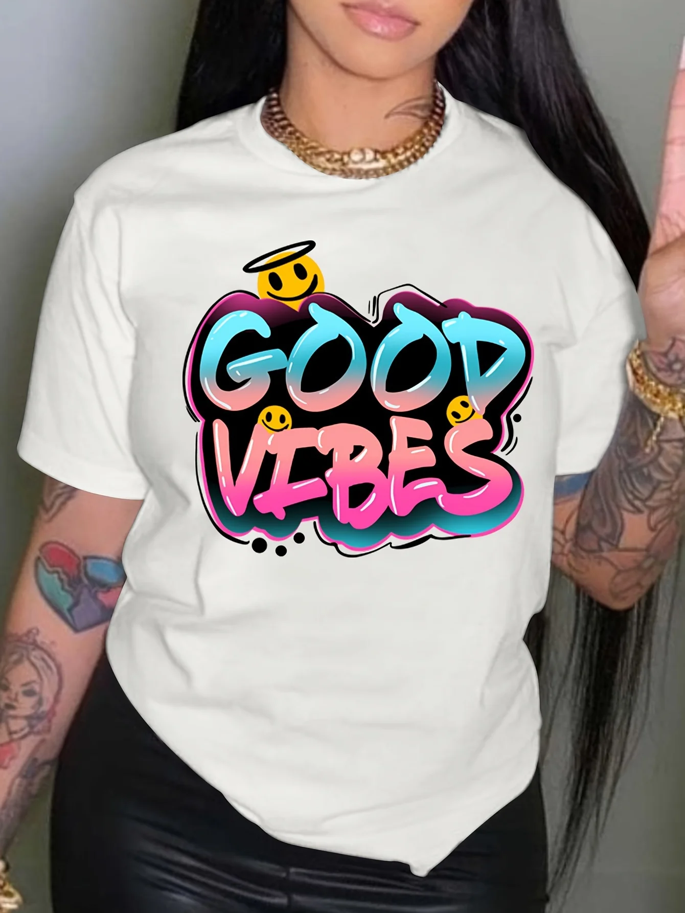 

Good Vibes Print Crew Neck T-shirt, Casual Short Sleeve Drop Shoulder Top, Women's Clothing