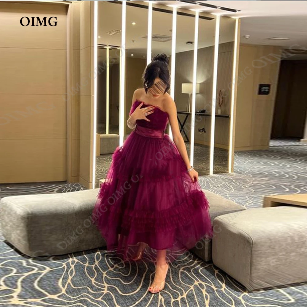 

OIMG Classic Tulle Tiered Fromal Prom Dresses Strapless Sleveless A Line Short Evening Party Gowns Robes De Soirée Custom