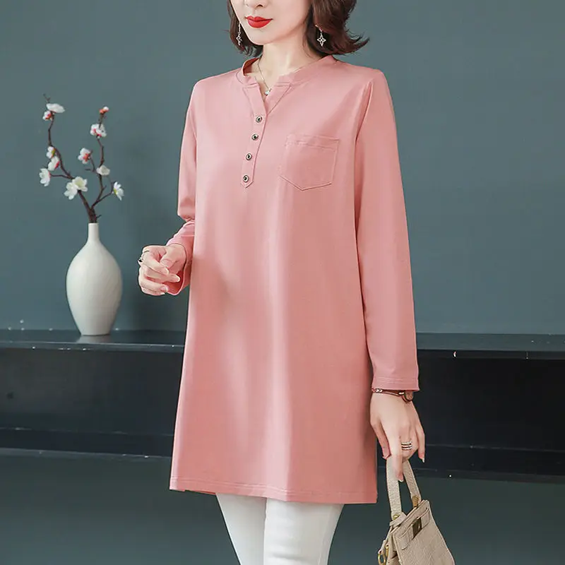 Women Retro Autumn Pure Color Pocket O Neck Blouse main image 0
