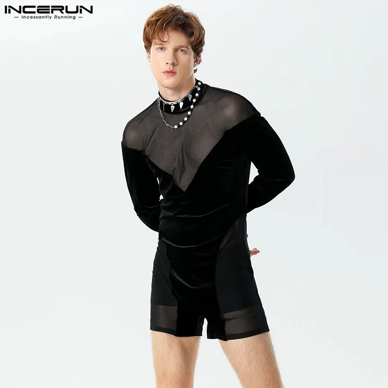 INCERUN 2024 Sexy Style Homewear Mens Suede Mesh Splicing Design Bodysuits Handsome Male Flat Angle Long Sleeved Jumpsuits S-3XL