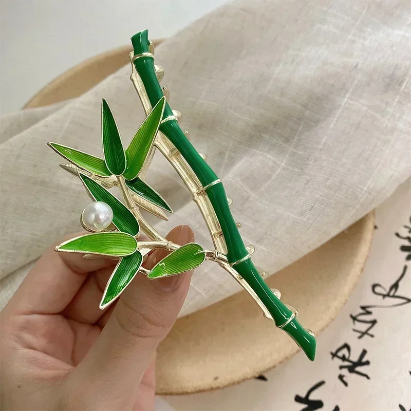 Chinese Vintage Style Retro Fresh Green Bamboo Fashion Pearl Metal Hair Clip Personalized Design Women's Headwear Decoration