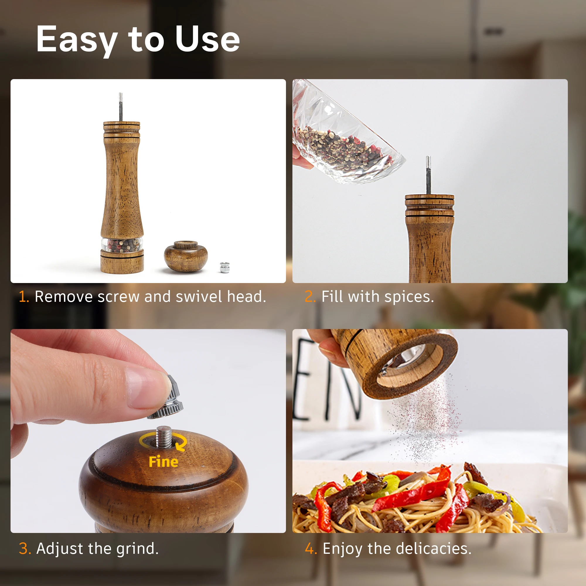 Wooden Spice Grinder with Acrylic Window &ndash; Adjustable Ceramic Mill for Pepper, Salt & More &ndash; Refillable Design 22cm