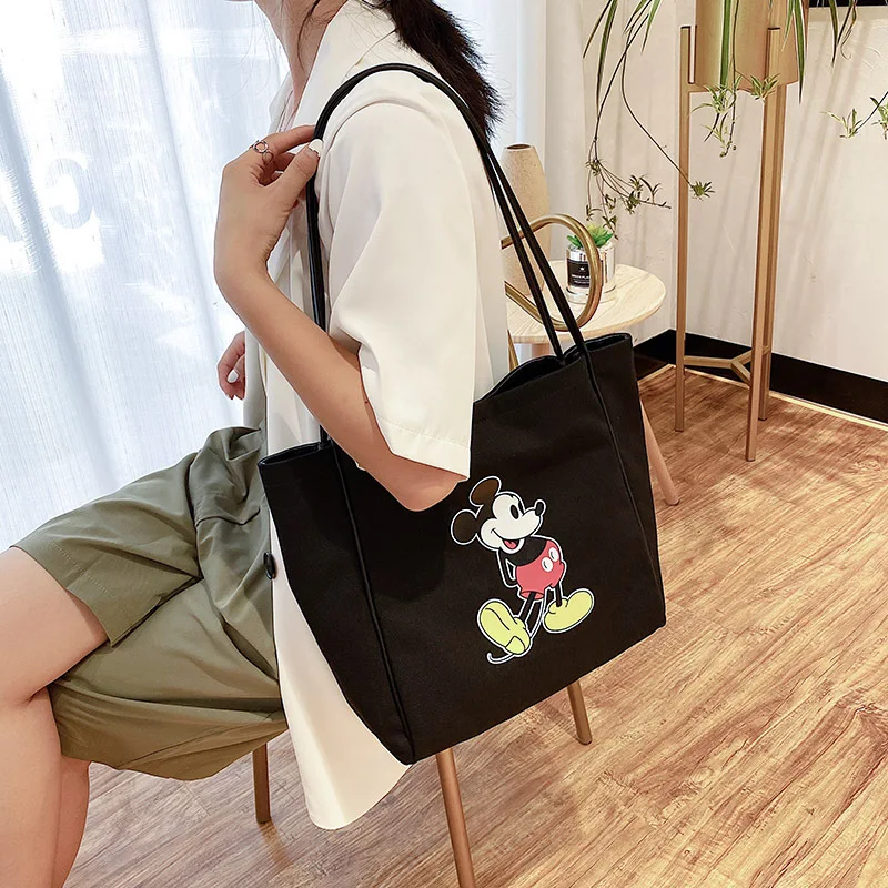 

Women Trendy Single Shoulder Bags Casual Fashion Canvas Handbags Outdoor Female Disney Cartoon Cute Mickey Printed Black Totes