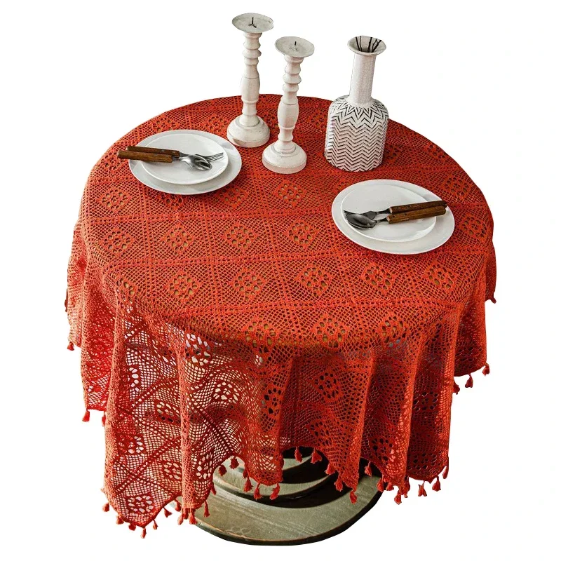 

Retro American Crochet Hollow Coffee Table Cover Runner Orange Tablecloth Dining Mesa Large Size Table Cloth Festival Home Decor