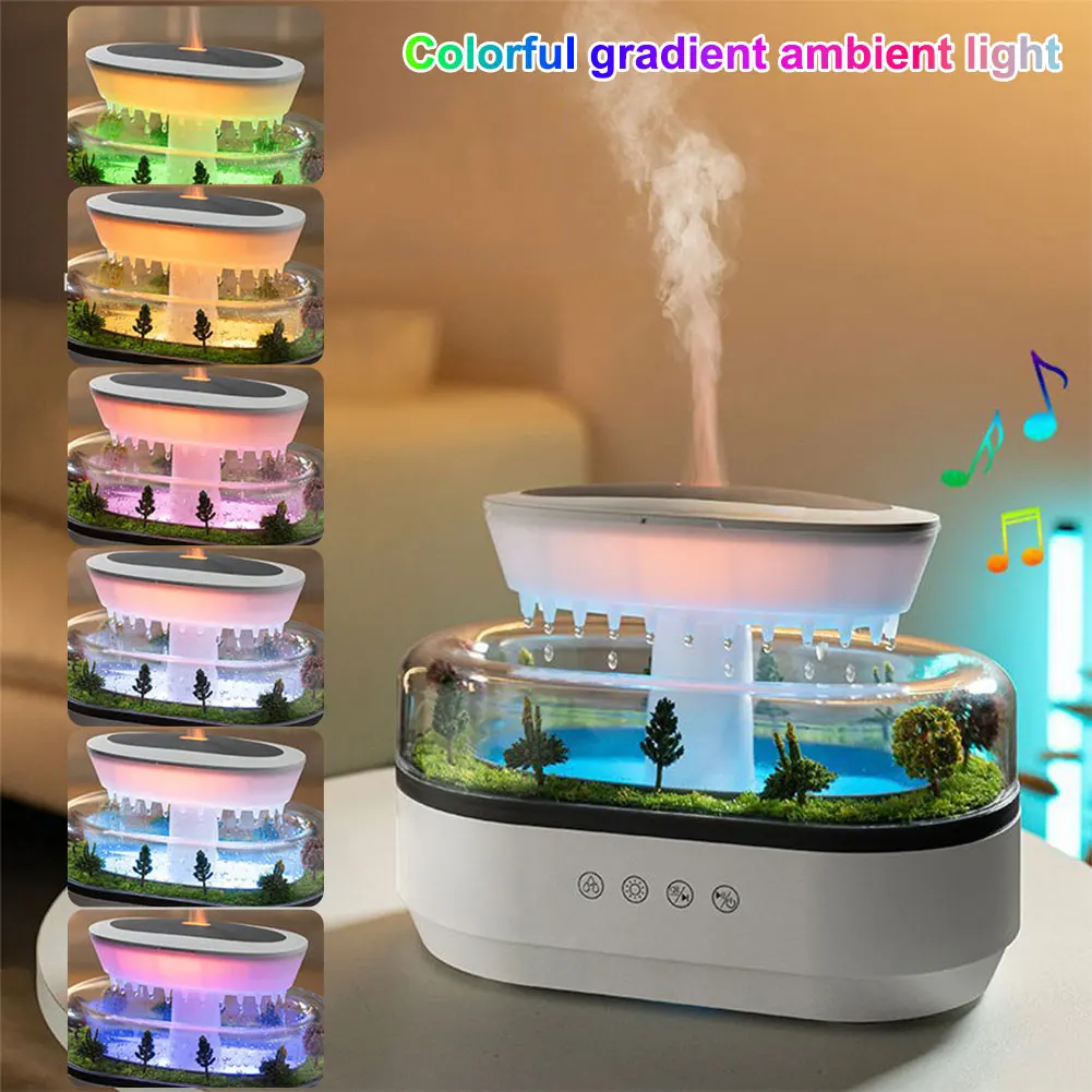 Micro Landscape Rain Humidifier - With Artificial Plants, 7-Color LED Lights, 250ml Tank, White - View #2