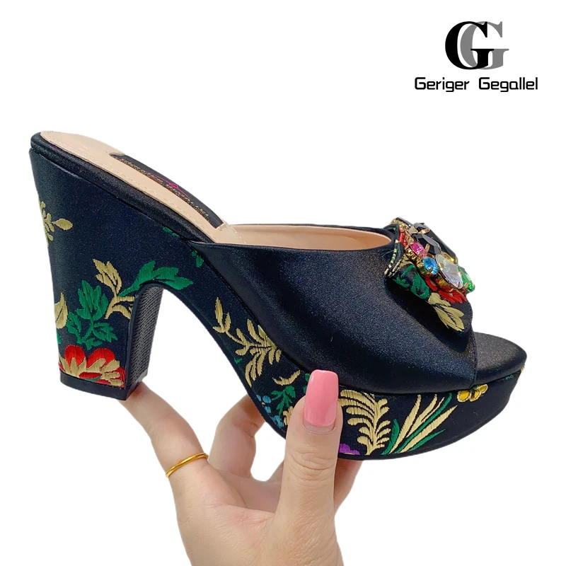 Gold Shiny Crystal Gem High Heels African Party Embroidery Stitching Women's Shoes 2023 Summer Hot Sale