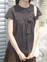Chic Summer Japanese Early Sle Anti-Aging Doll Collar Plaid  Knot Loose ort Sve irt Women's Top Faionable...