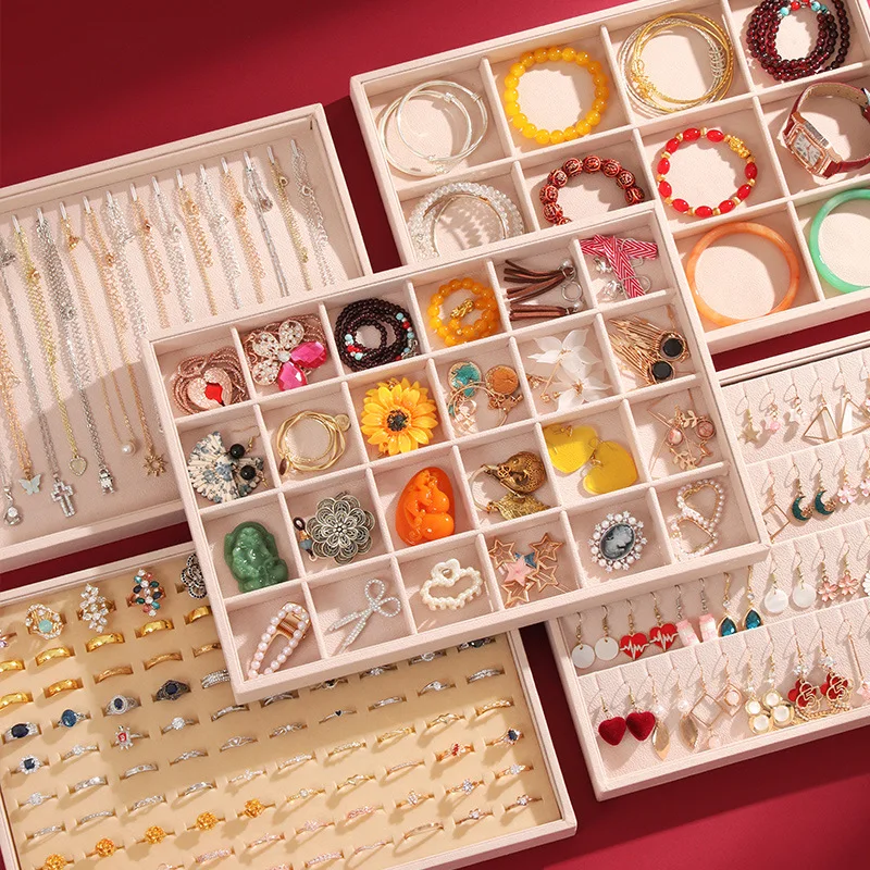 Beige Velvet Stackable Jewelry Tray Showcase Earring Display Organizer Necklace Bracelet Ring Dressing Table Display Empty Tray velvet jewelry display organizer tray necklace stackable showcase portable exquisite earring storage box soft ring holder