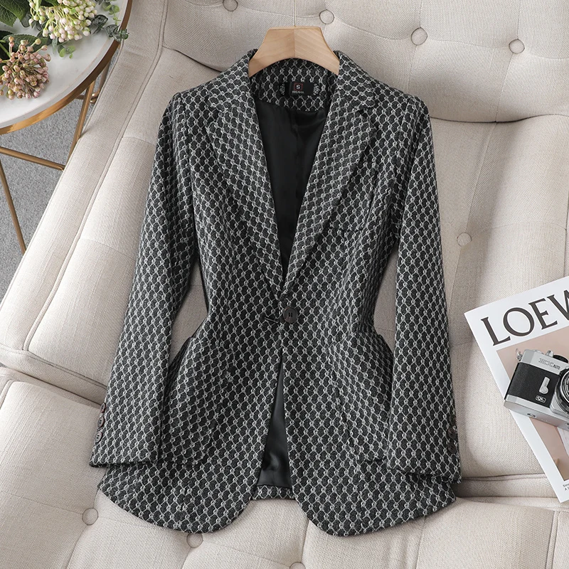 Large Size New Arrival Autumn Winter Ladies Casual Blazer Coat Women Black Coffee Plaid Long Sleeve Single Button Slim Jacket