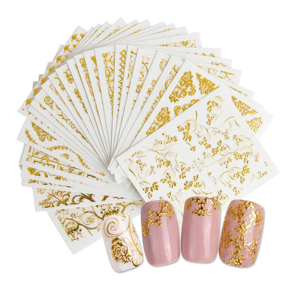 Nail Stickers 20Sheets Gold 3d Nail Art Stickers Hollow Decals Mixed Designs Adhesive Flower Nail Tips Decorations Salon Accessory LAAD301-326
