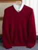 Men 100% Merino Wool Sweater V-Neck Pullover Autumn Winter Cashmere Warm Solid Knitwear Clothes Business Bottoming Soft Tops 5