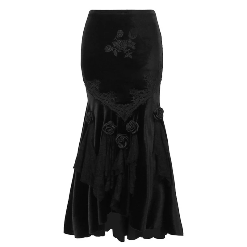 

Women Gothic Rose Flower Embroidery Pleated Hem Long Pencil Hip Wrapped Skirt