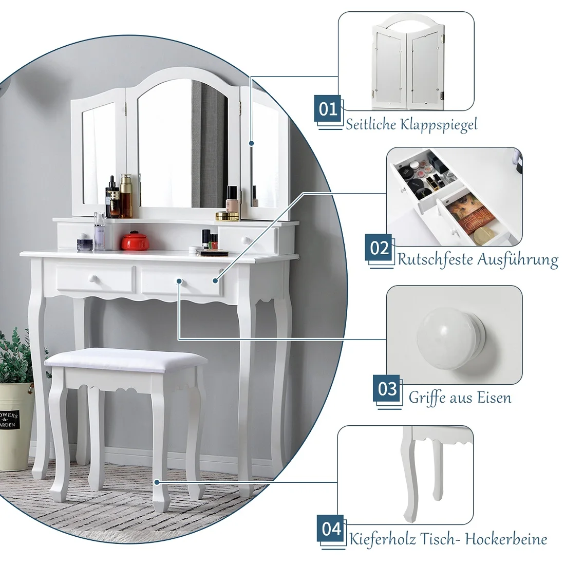 Description Picture 3 of itemWhite Makeup Vanity Table with Stool and Mirrors Dressing Tables with 4 Drawers Makeup Bedroom Cabinets Storage Toiletries Table