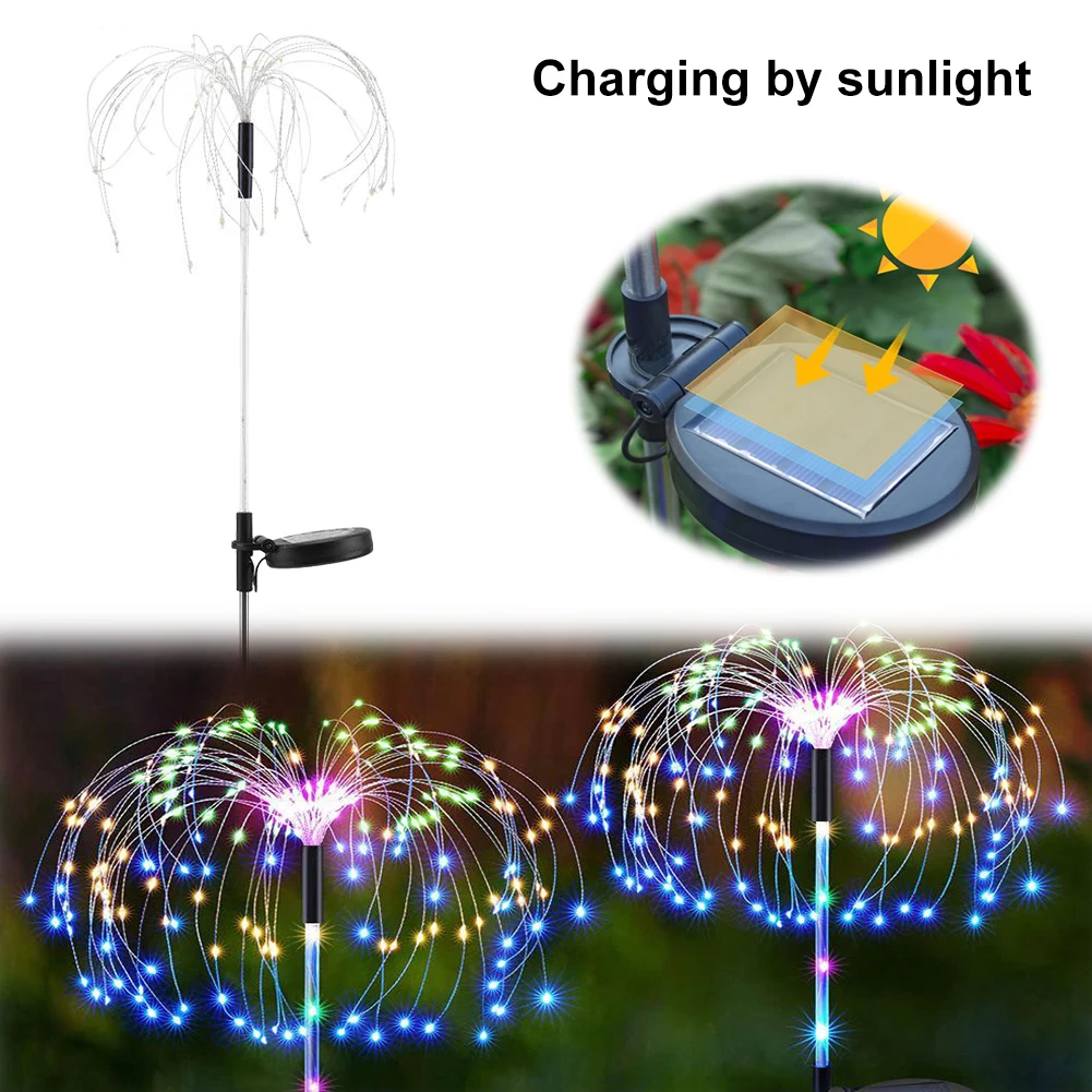 2Pcs Smart Sparklers Firework LED String Light Solar Fireworks Lights 8 Lighting Modes 200 LED Copper Wire Solar Firework Lights