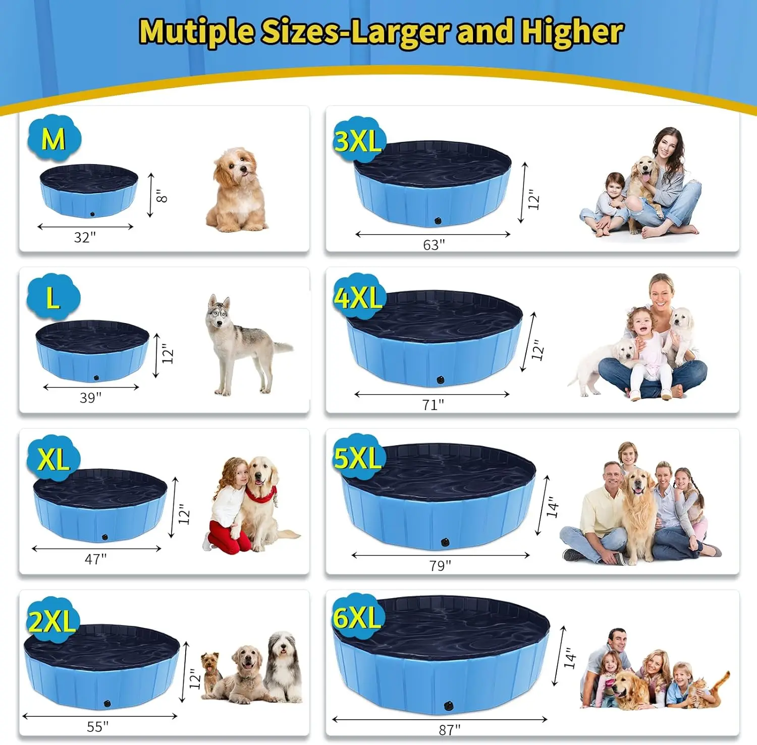Dog Pool, 87" x 14" Large Kiddie Pool with Hard Plastic, Non-Slip Dog Bath Tub for Outdoor Backyard, Collapsible Sw
