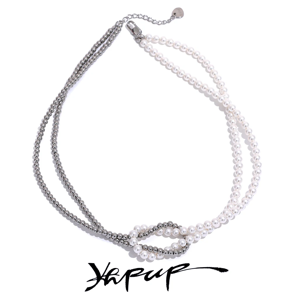 YhpupTrendyImitationPearlsStainlessSteelBeadsHandmadeChainKnot