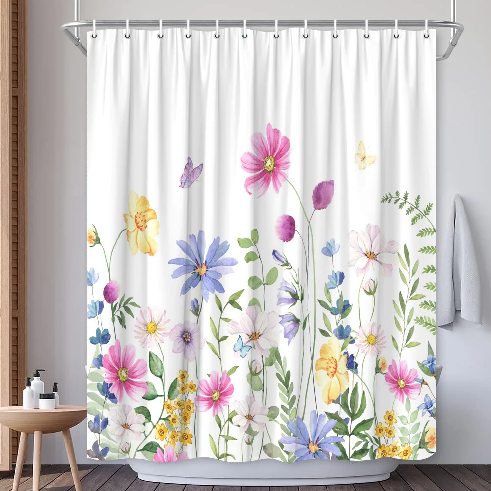 Floral Shower Curtain Nature Spring Colorful Plant Botanical Pink Flowers Machine Washable Waterproof Bath Screen Bathroom Decor