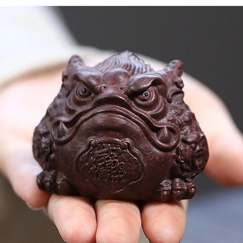 Handmade Yixing Purple Clay Tea Pet - Lucky Dragon Toad, Iron-Red Sand, Glossy Finish, Wealth Attracting, Authentic Teaware