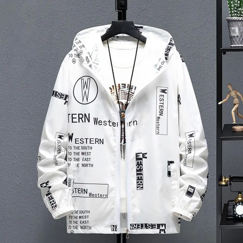 Sun Protection Coat Men's Sun Protection Hooded Jacket with Quick Drying Technology Zipper Placket Letter Print Long for Fishing